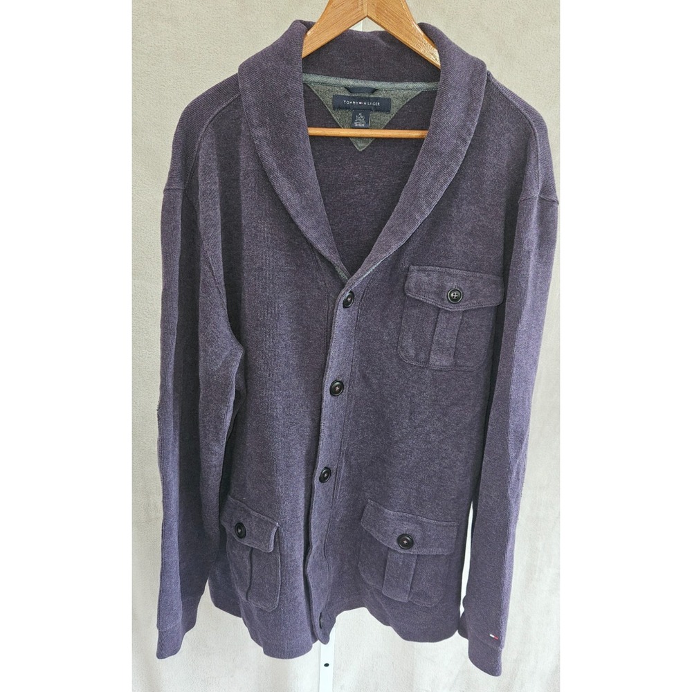 Tommy Hilfiger Men's XL Purple Heather 100% Cotton Shawl Collar Utility Cardigan